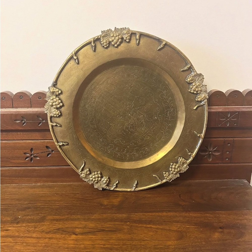 Vintage Solid Brass Charger Plate with Grape Design - Wall or Table Decor